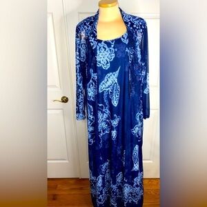 Vintage Rabbit Rabbit Rabbit Blue 2 PC Set Maxi Dress & Sheer Overlay Size 14